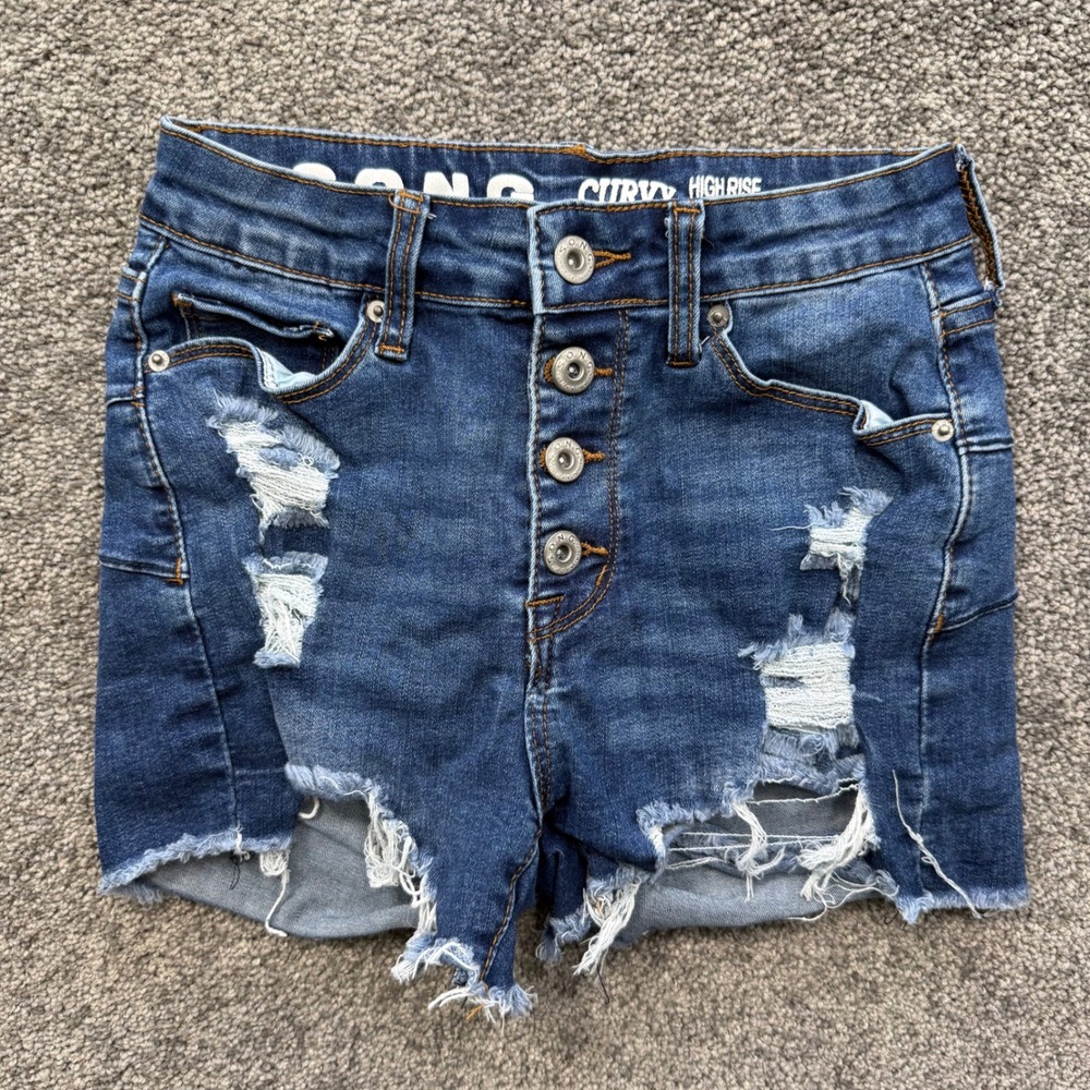 SONG Curvy High Rise Distressed Denim Shorts Medium Wash Size 1/25 Button Fly
